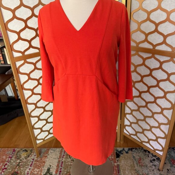Boden Size 16 Orange Bronte Ottoman 3/4 Sleeve V-Neck Knee Length Shift Dress - Picture 4 of 16